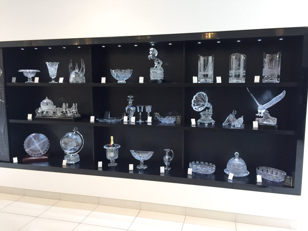 One of the MANY shelves of beautiful Waterford Crystal pieces.