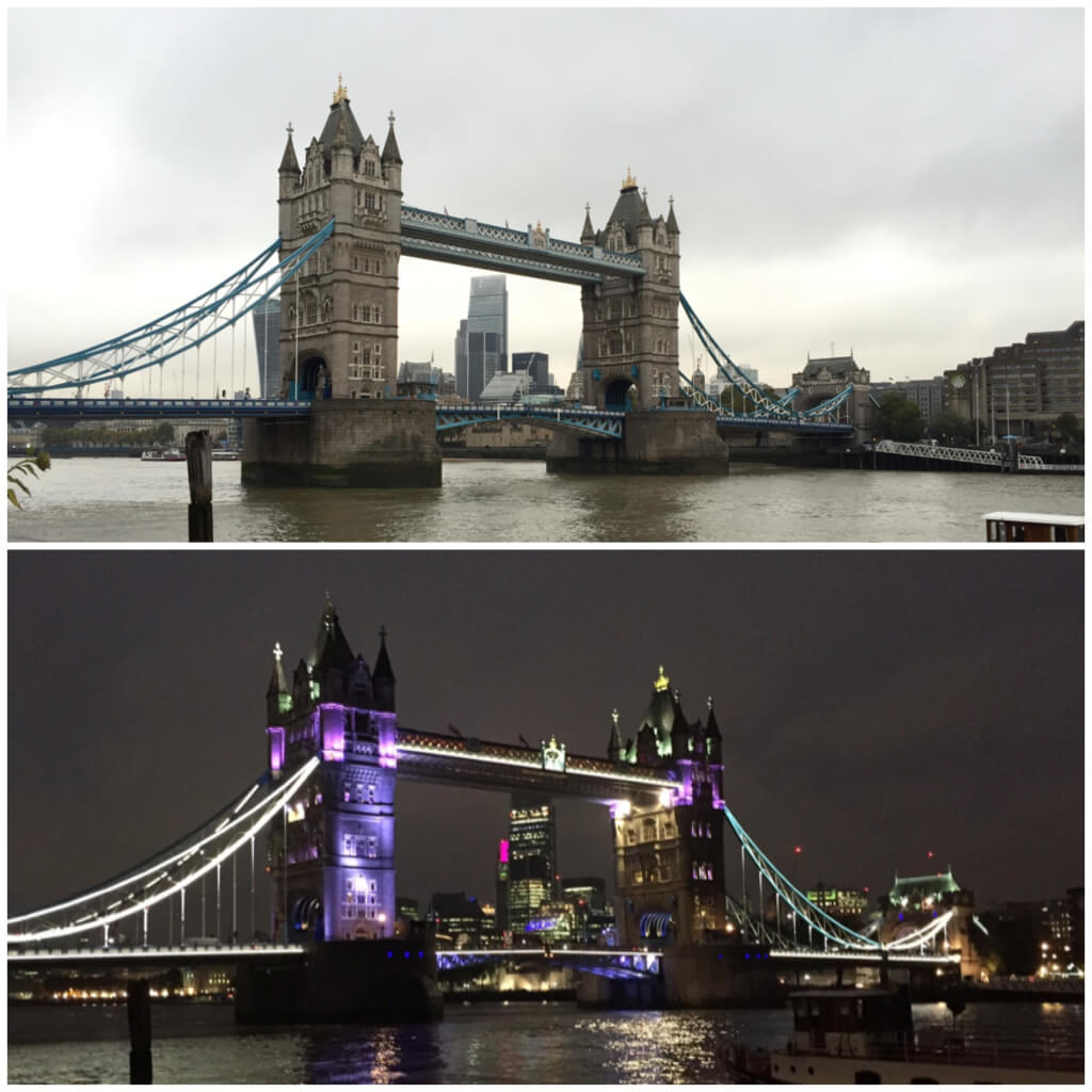 The Tower Bridge at day and night.
