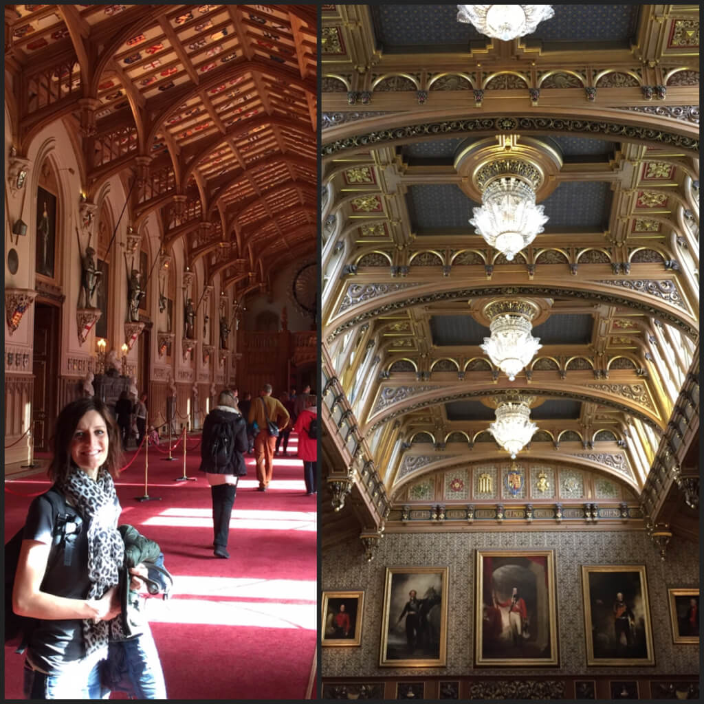 Some sneaky pictures of the interior of the Windsor Castle. (The left picture is the room where the ceiling is covered with crests.)